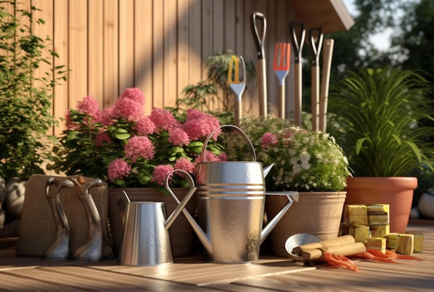 Set of gardener tools and flower pots in a sunny garden with sunshine generative ai