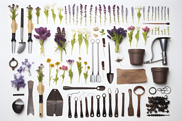 Set of gardening tools and flowerpots collage