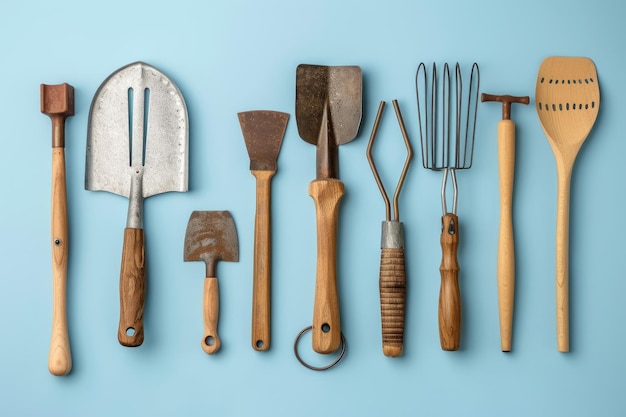 Set of gardening tools on light blue background