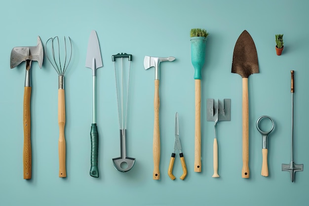 Set of gardening tools on light blue background