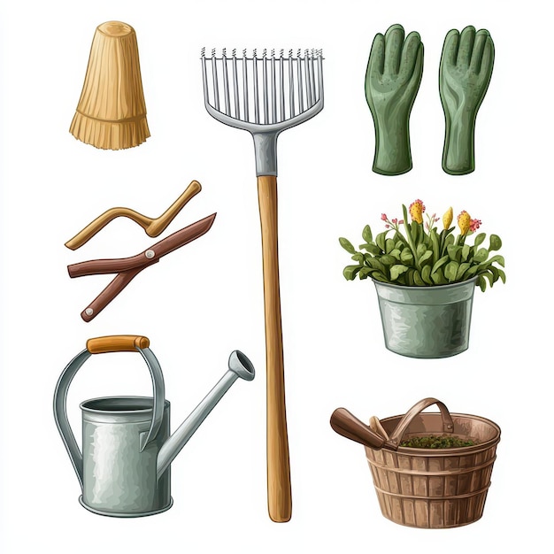 Photo set of gardening tools shovel rake watering can gardening gloves clipart white background