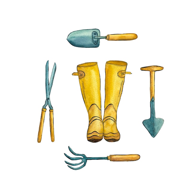 Set of gardening tools with yellow rubber boots watercolor illustration