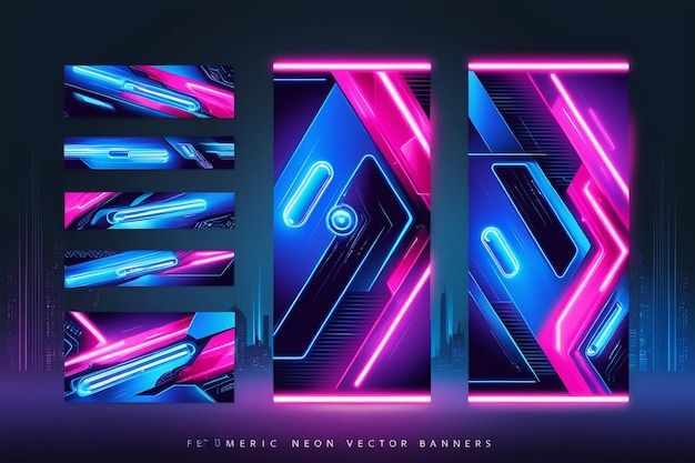 Set of geometric neon vector banners with light tubes