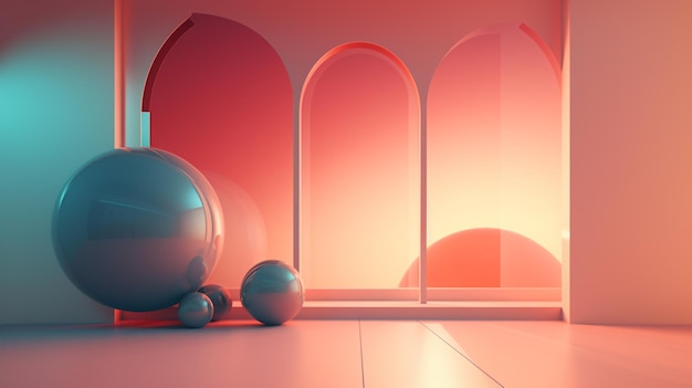 A set of glass balls in a pink room with a sunset in the background.