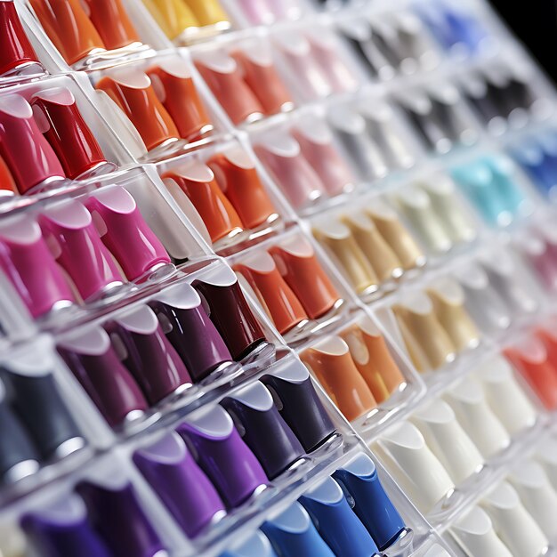 Set of glass bottles of different nail polish colors