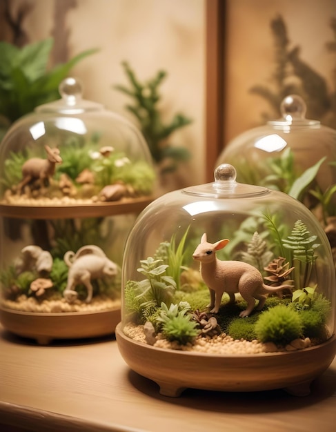 Photo a set of glass globes with plants and animals in them