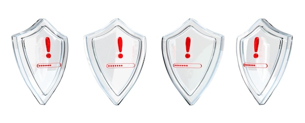 Set of glass safety shields with red exclamation marks in different angle view 3d render Warning of virus hacker attack spam or program error Cyber security protection concept