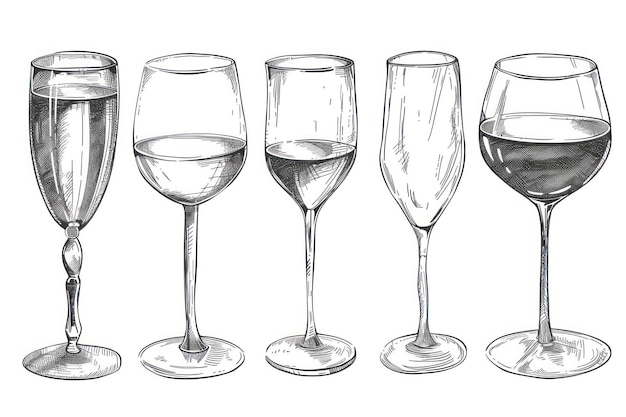 Photo set of glasses goblets in ink hand drawn style isolated on white