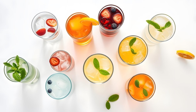 Photo set of glasses with different refreshing drinks on white background top view isolated with white