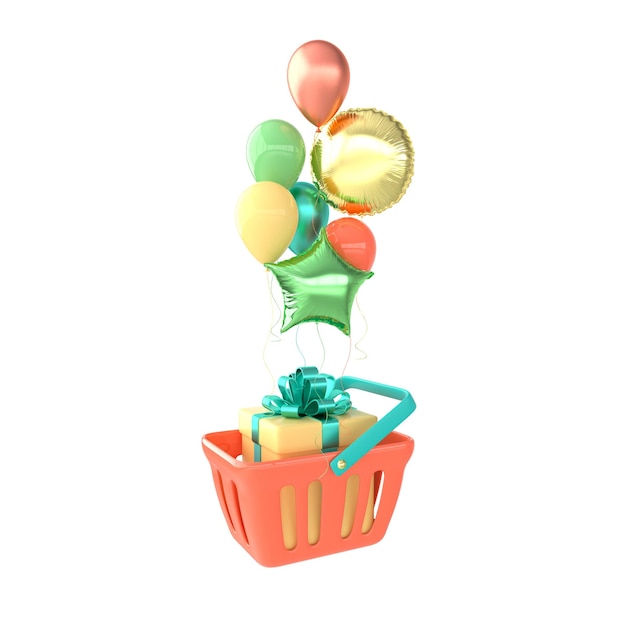 Set of glossy colorful foil balloons shopping cart and present box Online shopping concept