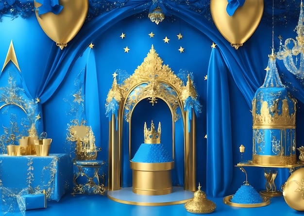 a set of gold and blue decorations with a blue background and a place for a celebration called crown.