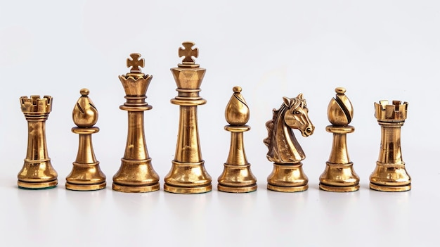 Set of gold chess pieces on a white background symbolizing strategy power and elegance in board games Generative ai