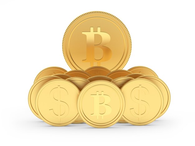 Set of gold dollar and bitcoin coins