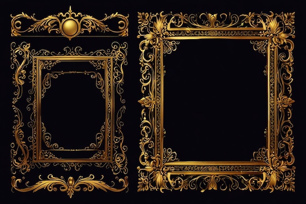 a set of gold framed frames with a black background