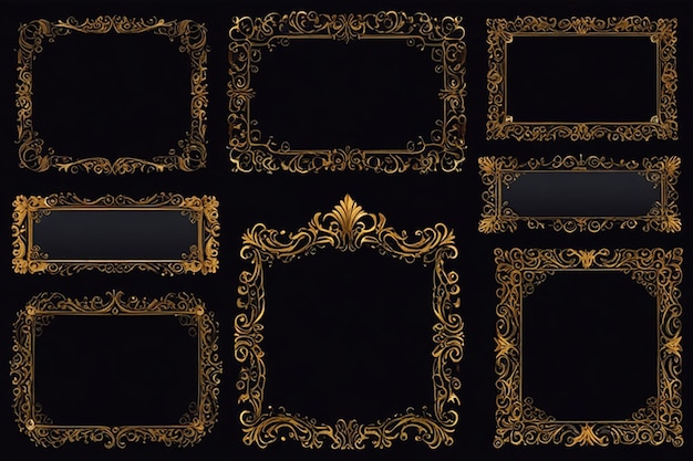 Photo a set of gold framed frames with gold and black background