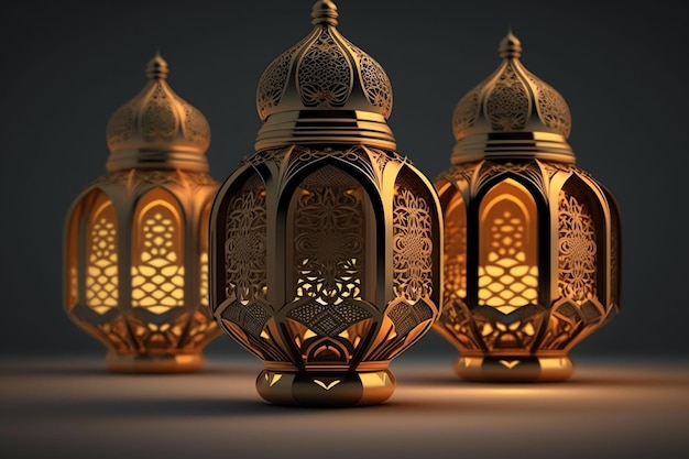 A set of gold lanterns with the words eid al fitr on the bottom