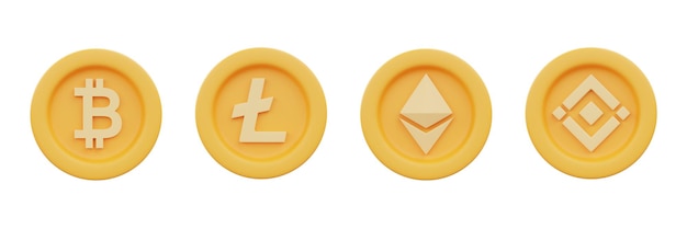 Set of golden cryptocurrency coins with Bitcoin,Litecoin,Ethereum,Binance isolated on white background,,blockchain technology,minimal style.3d rendering.