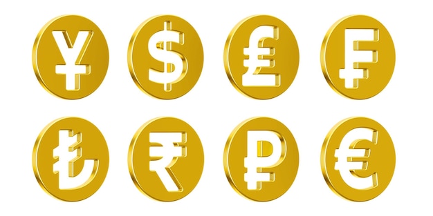 Photo set of golden currency symbols 3d rendering