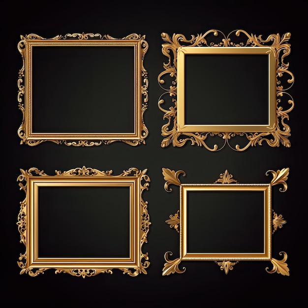 Set of golden frames for paintings mirrors or photo isolated on white background