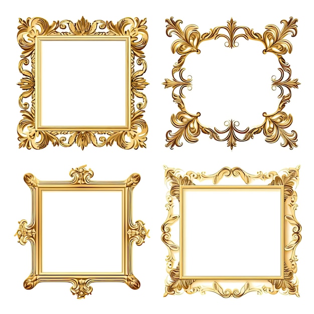 Set of golden frames for paintings mirrors or photo isolated on white background