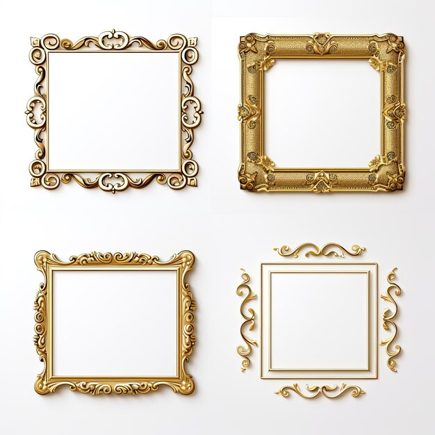 Set of golden frames for paintings mirrors or photo isolated on white background