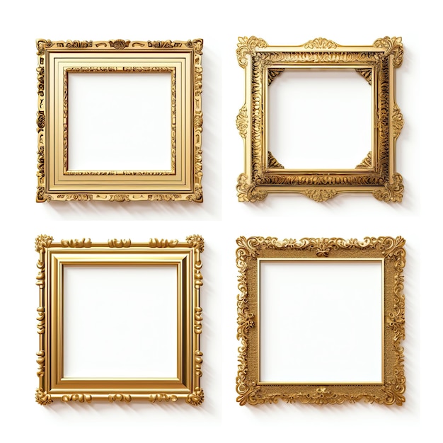 Set of golden frames for paintings mirrors or photo isolated on white background