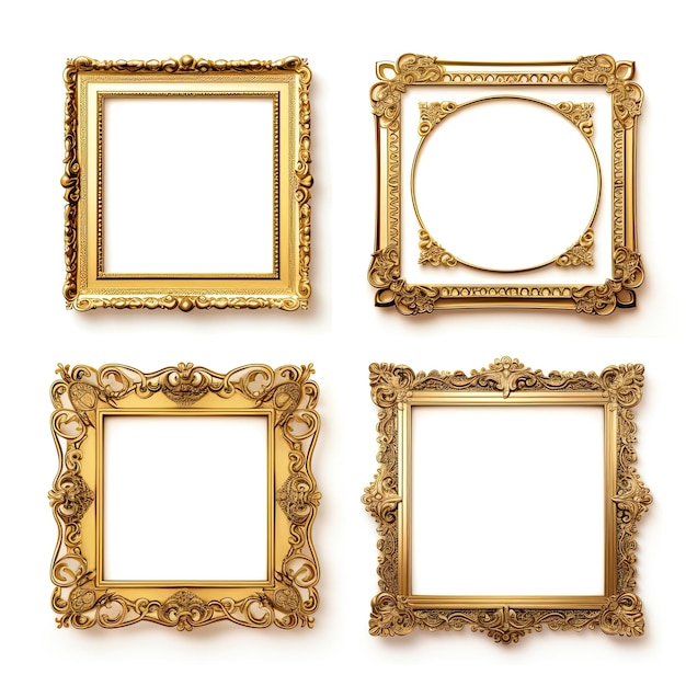 Set of golden frames for paintings mirrors or photo isolated on white background