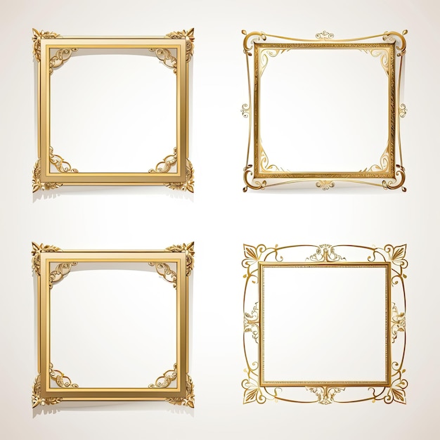 Set of golden frames for paintings mirrors or photo isolated on white background