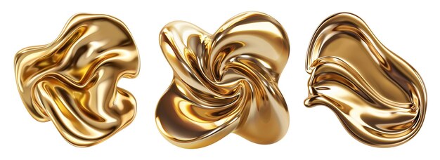 Set of golden metallic futuristic liquid shapes abstract modern 3D isolated fluid design elements