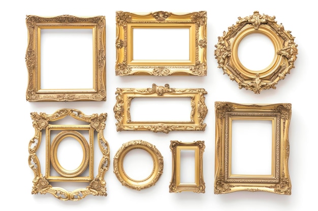 Set of golden wooden frames isolated on white background