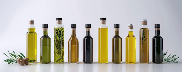 Set of gourmet olive oils in bottles on white background 4K hyperrealistic photo