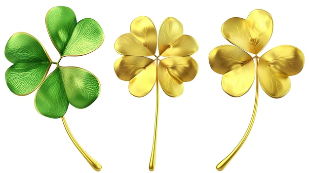 Set of green and gold clover leaves symbols of good luck and prosperity