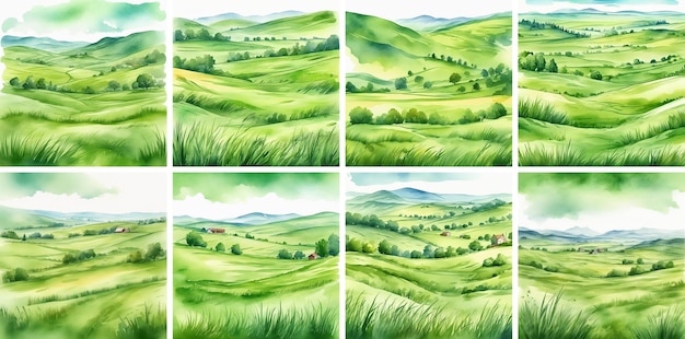 Set of green grass field with mountains Watercolor hand painted illustration