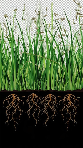 Photo set of green meadow grass with roots in black soil on transparency background png