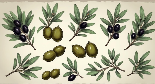 Photo a set of green olives with leaves and branches