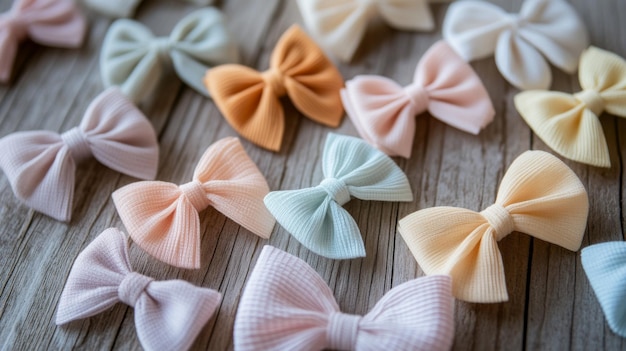 A set of hair bows in various pastel colors displayed on a wooden surface with a focus on their soft textures and delicate designs perfect for a gentle and feminine look