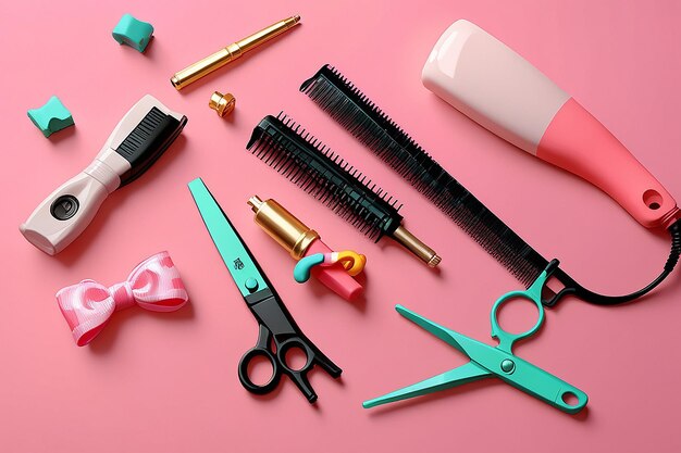 Photo set of hairdressing accessories on pink background childrens day celebration