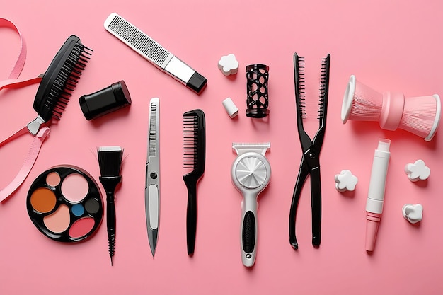 Photo set of hairdressing accessories on pink background childrens day celebration