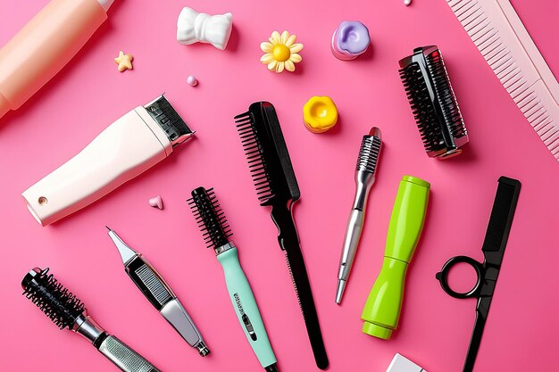 Photo set of hairdressing accessories on pink background childrens day celebration