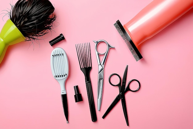 Photo set of hairdressing accessories on pink background childrens day celebration