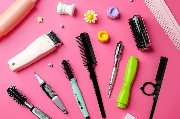 Set of Hairdressing Accessories on Pink Background Childrens Day Celebration