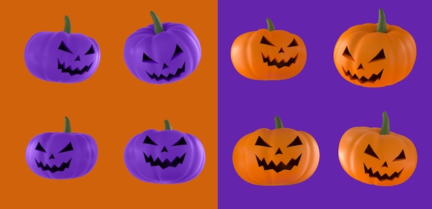 Set of halloween pumpkins orange and purple on orange and purple background. 3d rendering.