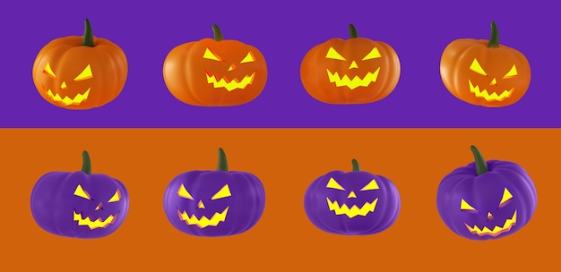 Set of halloween pumpkins orange and purple with lights in their eyes on orange and purple background. 3d rendering.