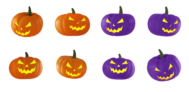 Set of halloween pumpkins orange and purple with lights in their eyes on white background. 3d rendering.