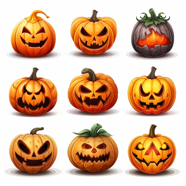 Photo set of halloween pumpkins with spooky faces