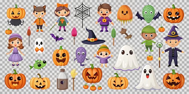 Set of halloween silhouettes black icon and character Vector illustration Isolated on transparent B