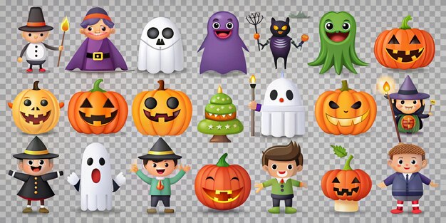 Photo set of halloween silhouettes black icon and character vector illustration isolated on transparent b