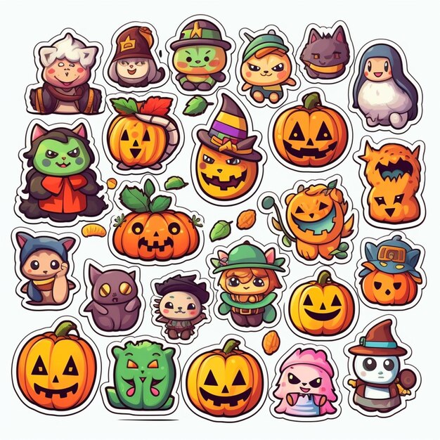 A set of halloween stickers with different characters generative ai