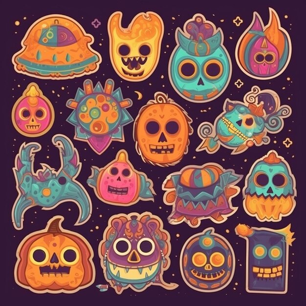 A set of halloween stickers with different designs and colors generative ai