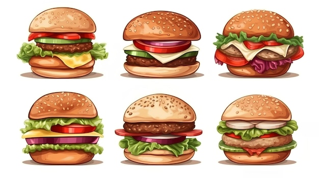 A set of hamburgers with different toppings.